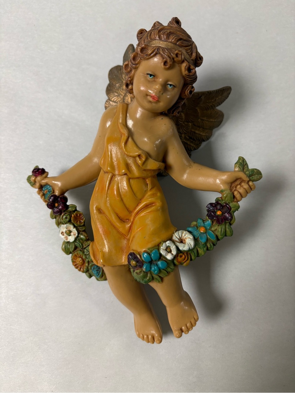 Vintage Fontanini Italian Cherub Figurine with Floral Garland in Mustard Dress
